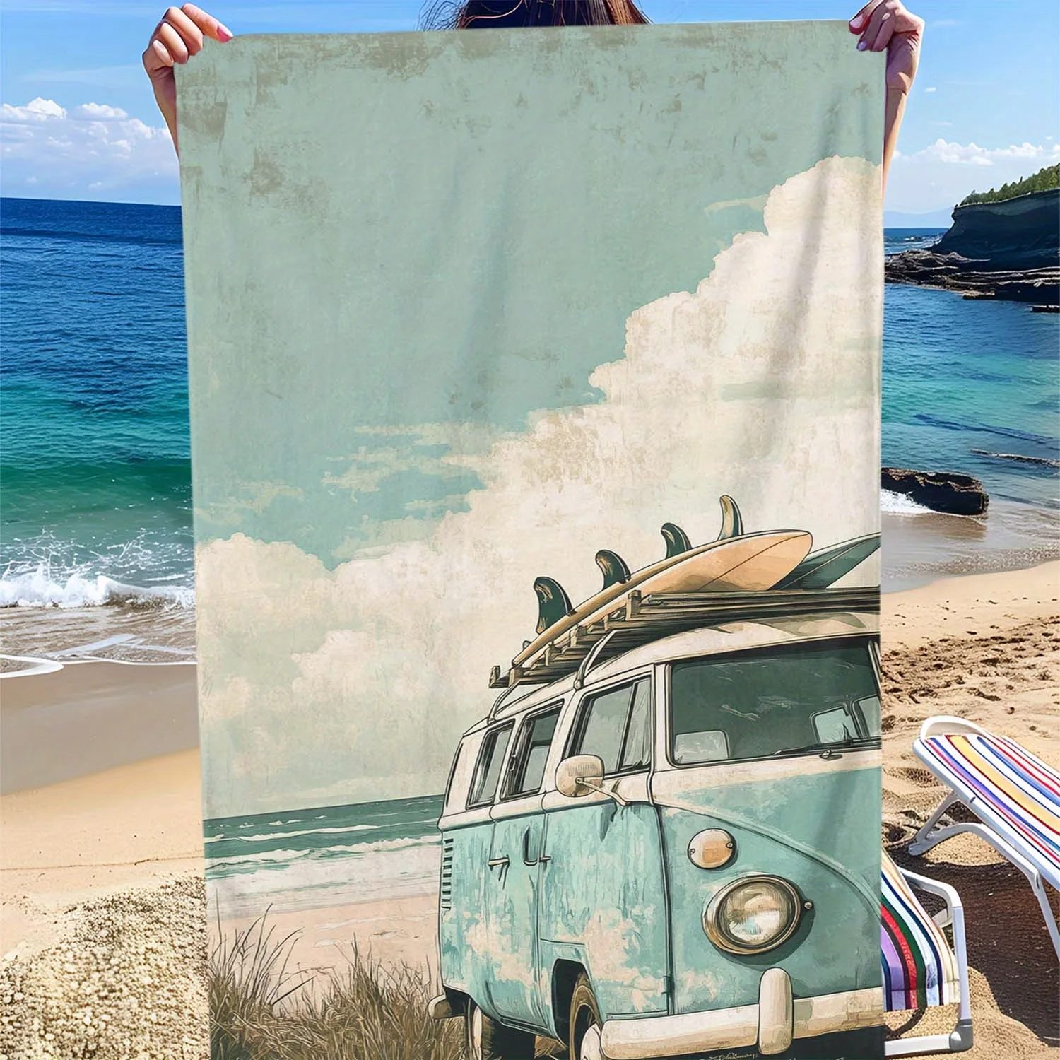 1pc Sdoo Beach Bus Print Microfiber Beach Towel - Soft Lightweight Quick-Dry for Swimming, Surfing, Yoga, Camping  Bath towel
