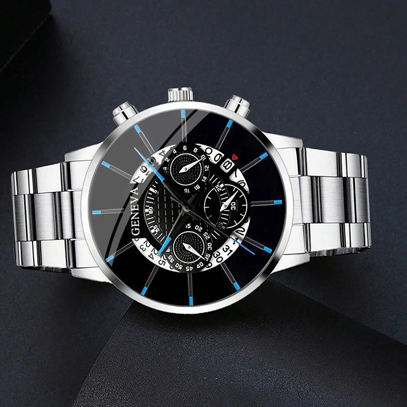 2PCs Fashion Business Men\'s Calendar Date Luxury Male Stainless Steel Quartz Wristwatch Black PU Leather Bracelet Set