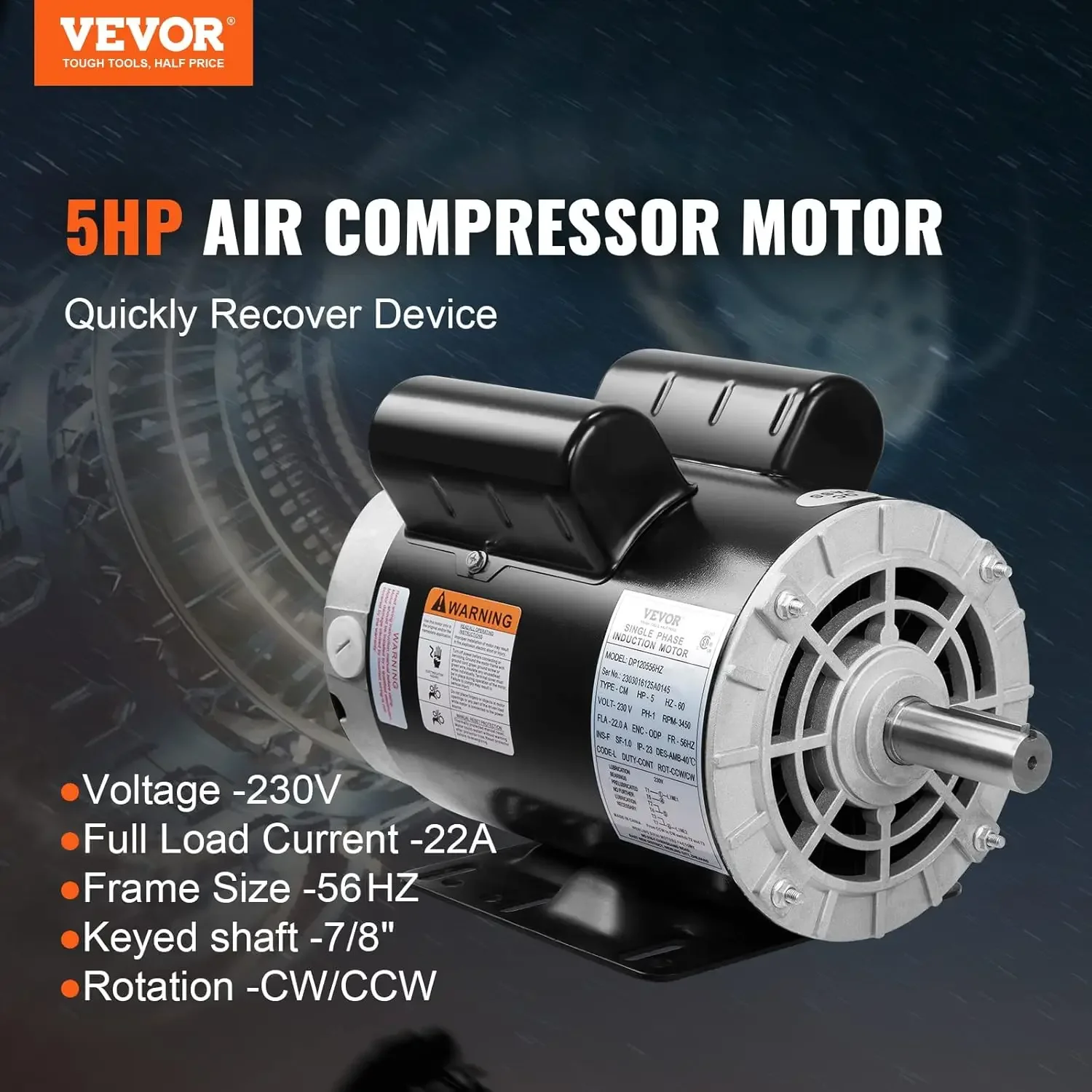 5HP Air Compressor Motor, 230V 22 Amps Electric Motor, 3450RPM 56HZ Frame, 7/8