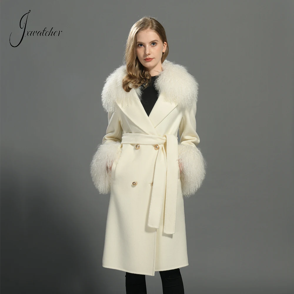 Jxwatcher Women's Wool Coat with Real Mongolian Fur Ladies Fall Winter Fashion Long Trench Coats New Style Woolen Jacket Female