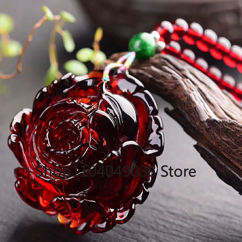 

Подвеска «Кровь Мьянмы» с пионом, резные красные янтарные цветы пиона, мед, воск, богатый и универсальный кулон