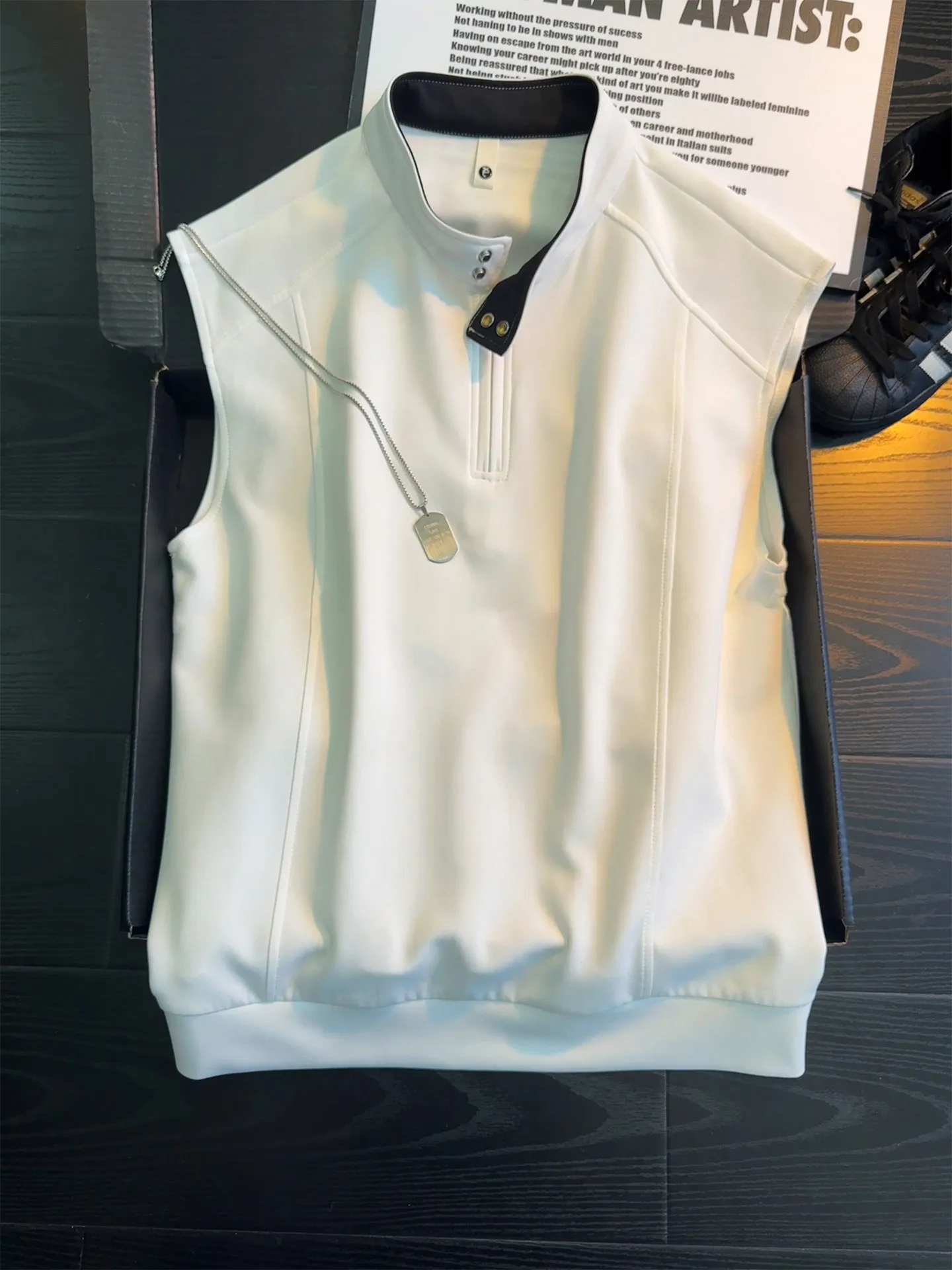 White Deconstructed Half Zipper Stand Collar Vest Men Summer Heavyweight Trendy Breathable Sleeveless Casual Shoulder Pad