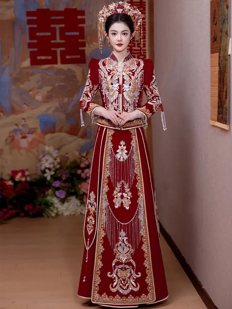 The new Chinese-style wedding dress for brides dragon and phoenix gown from Heavy Industry's magnificent velvet suit
