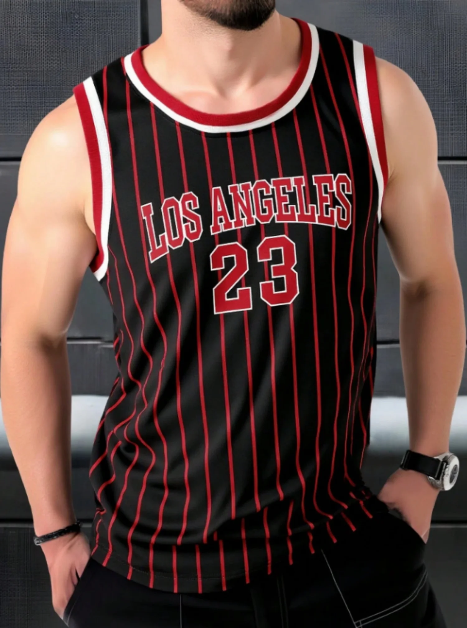 Camiseta sin mangas de baloncesto para hombre, modelo 2026 Summer Stripe No.23 Los Angeles, chaleco deportivo con cuello redondo para gimnasio, ropa para hombre