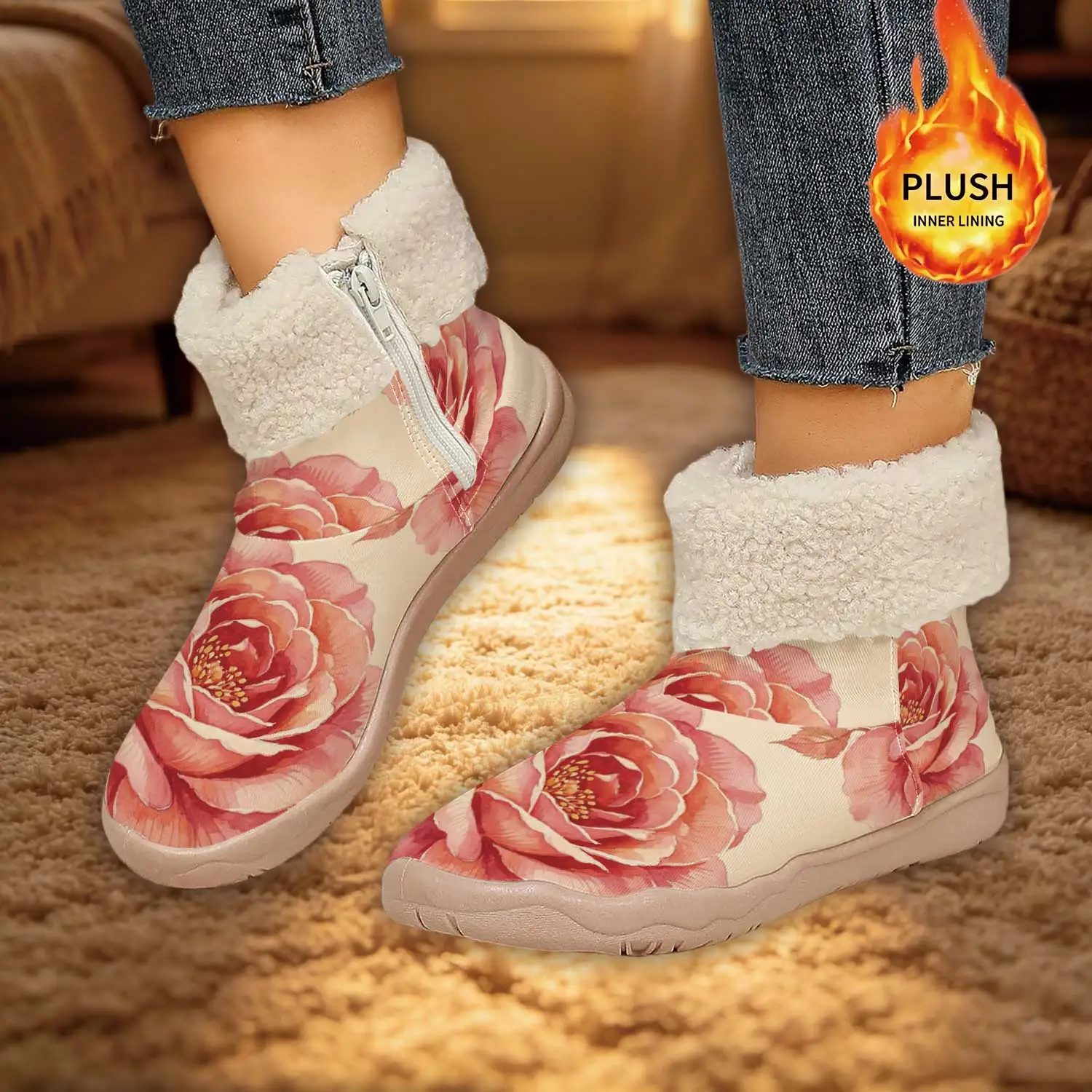 Watercolor Pink Rose Side Zip Fleece Warm Ankle Boots