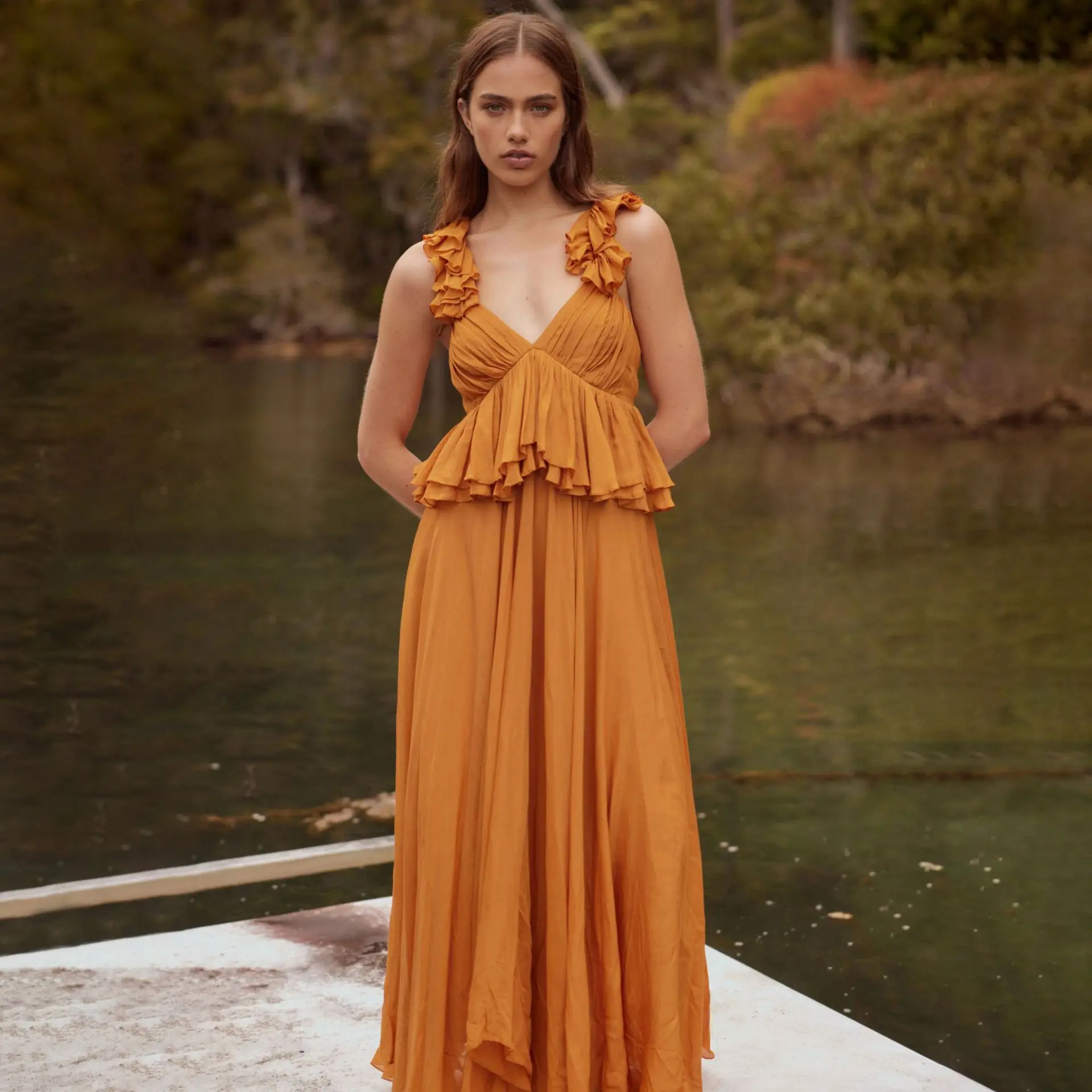 

Holiday style pleated lace suspender drape fake two-piece deep V ruffle edge dress fashionable simple versatile temperament luxu