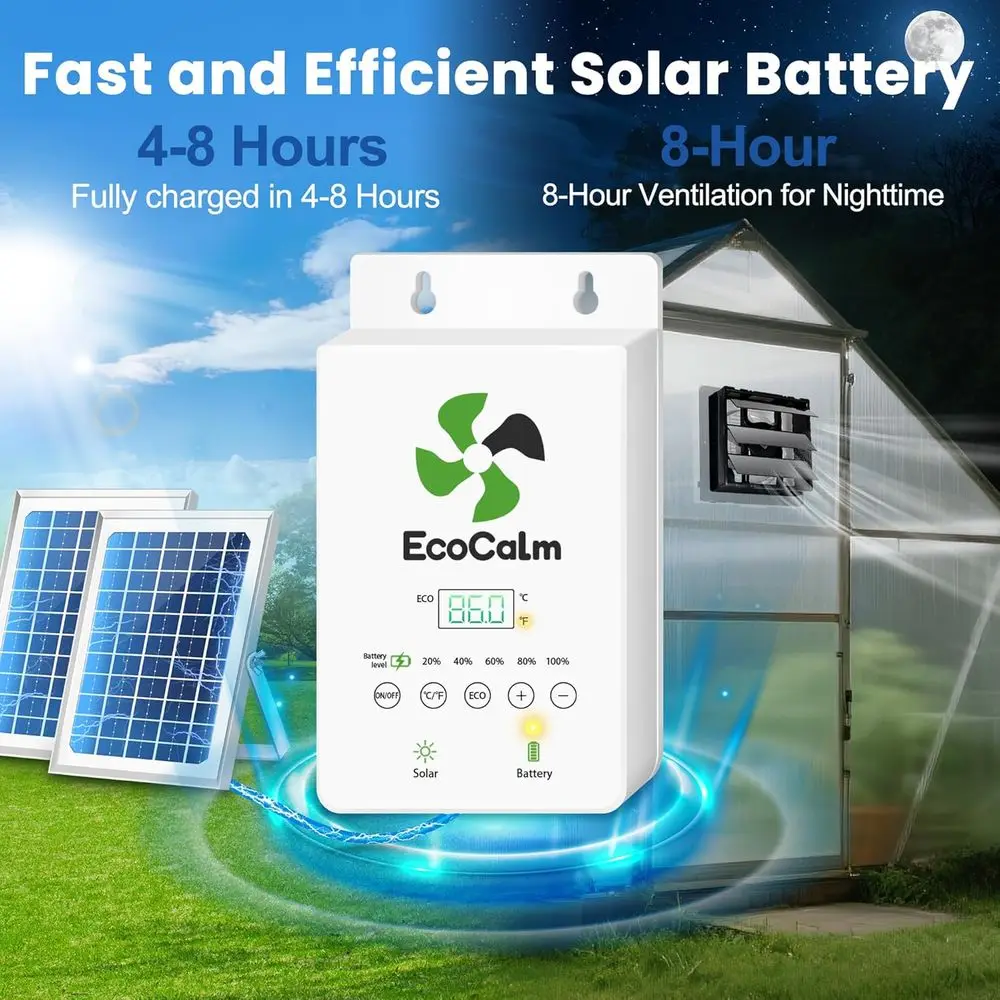 Solar Powered Fan with Battery and Adjustable Thermostat, 8