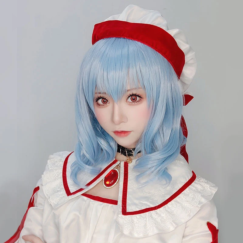 TouHou Project Remilia Scarlet Cosplay Boots Blue Wig Short Curly Heat Resistant Synthetic Hair for Women Costume Gift+Wig cap