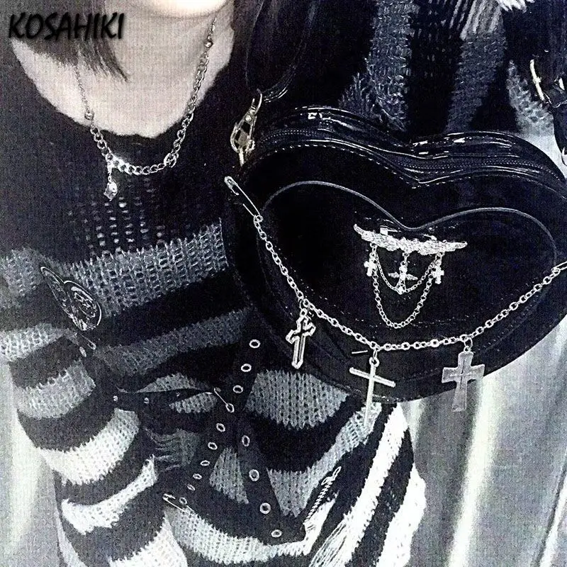 Vintage Cross Chain Gothic Heart Punk Shoulder Bag Y2k Ins Diamond Wings Handbags Streetwear Women Harajuku Underarm  Fashion