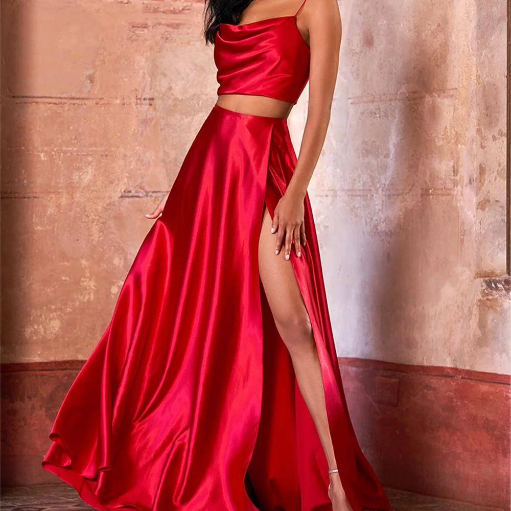 Zipper Back Sleeveless Satin Spaghetti Straps Boat Neck Floor Length Side Slit A-Line Delicate and Temperament Evening Dress