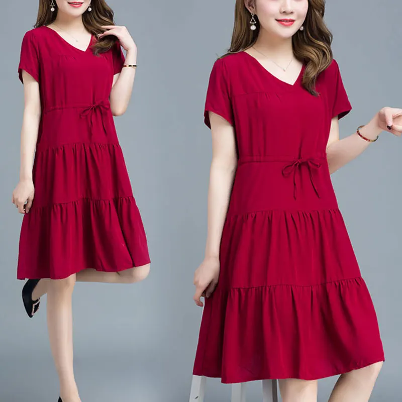 

Basic Solid Color Patchwork Midi Dress Summer Elegant A-Line Women's Clothing Fashion Drawstring Waist Casual V-Neck Dresses New