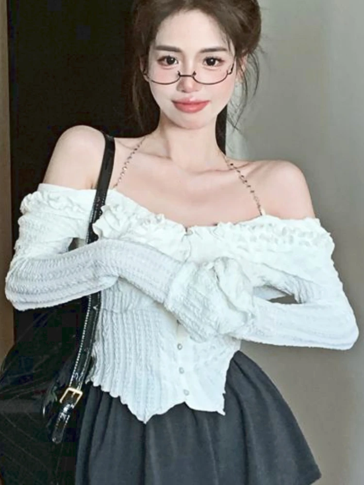 Autumn White Sexy Kawaii Blouse Women Korean Fashion Elegant Party Slim Tops Female Ruffle Flounce Designer Casual Blouse 2023