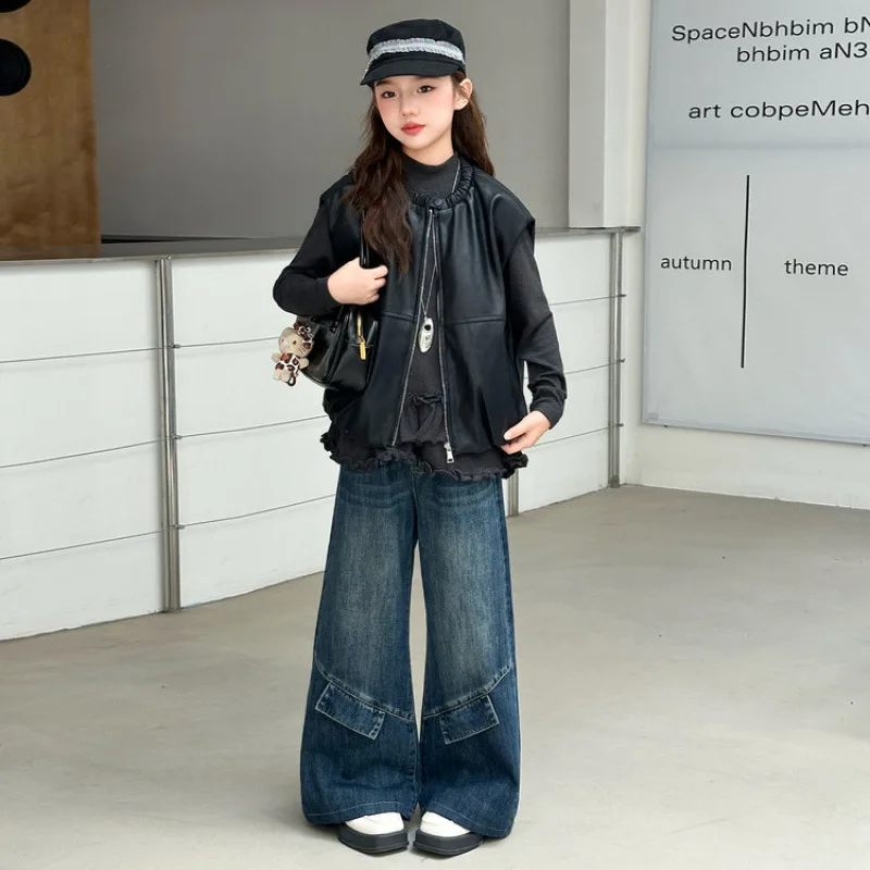 

Children Girls 3pcs Outfit Autumn New Round Neck Undershirt+Zipper Vest+Elastic Waist Wide Leg Jean Teenager Girls Casual Sets