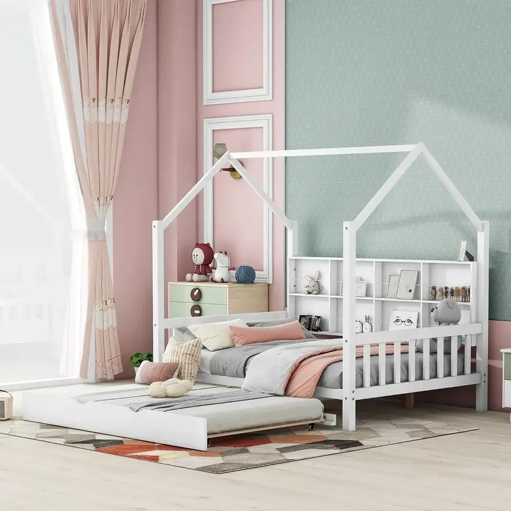 

White Wooden Kids Playhouse Bed with Trundle and Storage, Suitable for Girls and Boys
