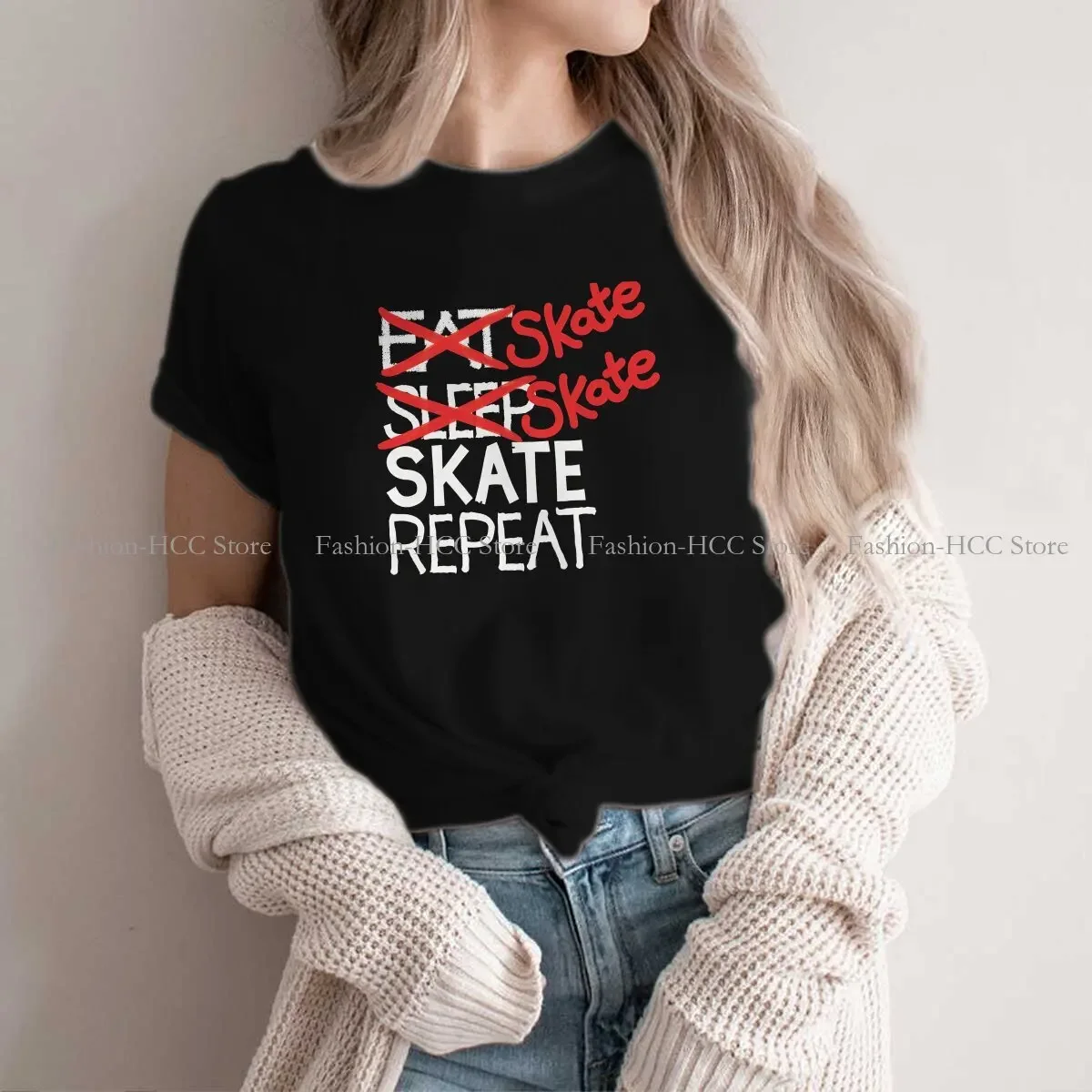 Skate Skate Skate Repeat Round Collar TShirt Figure Skating Basic T Shirt Women Clothes Fashion