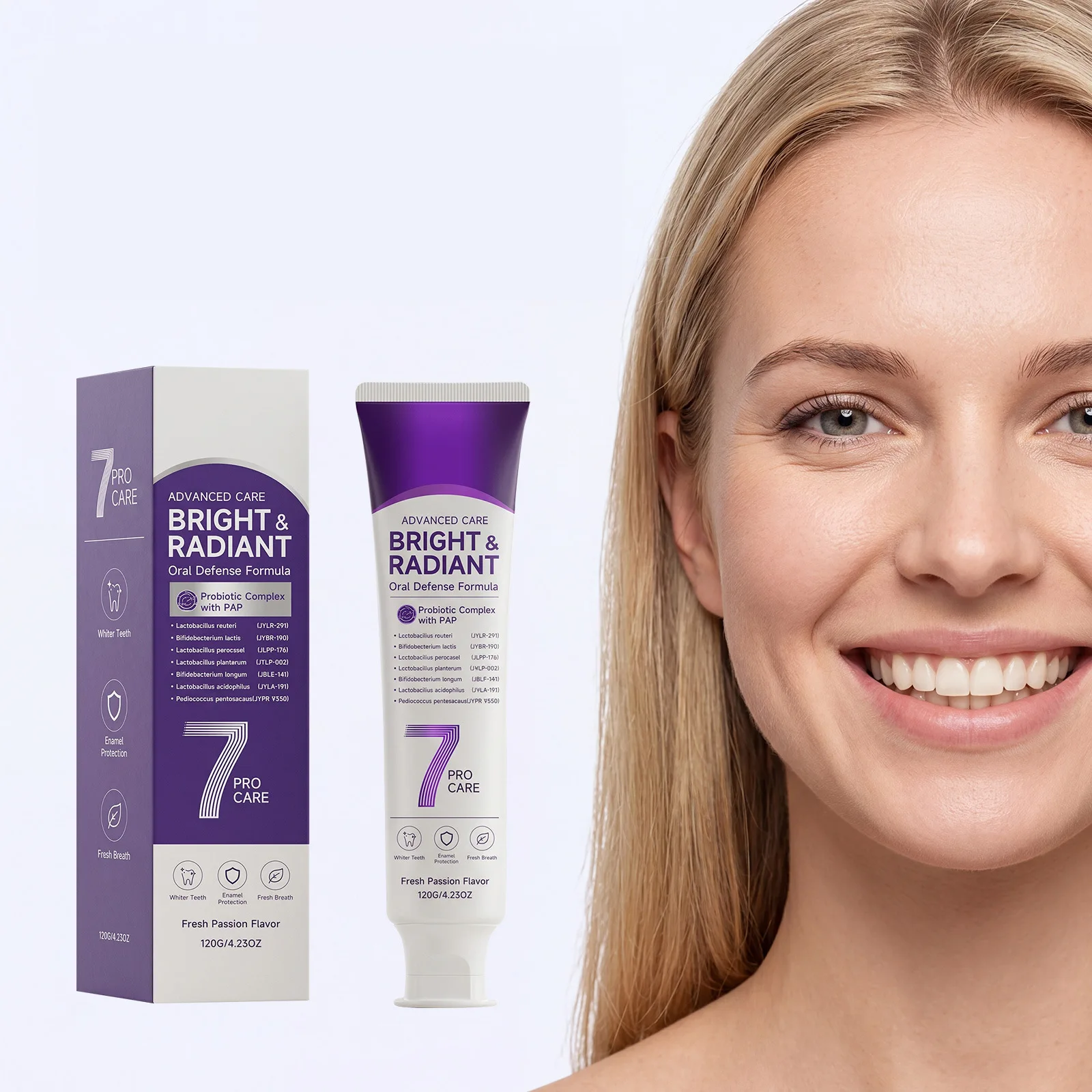 

7 Pro Care Bright & Radiant Pap Probiotic Toothpaste Passion Fruit Flavor Teeth Whitening Fresh Breath Oral Care Toothpaste 120g