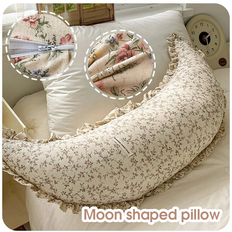 80cm Korean Flounces Crescent Pillow Large Moon-shaped Body Pillow Woman Floral Cotton Linen Fluffy Bedroom Sleeping Pillow Girl