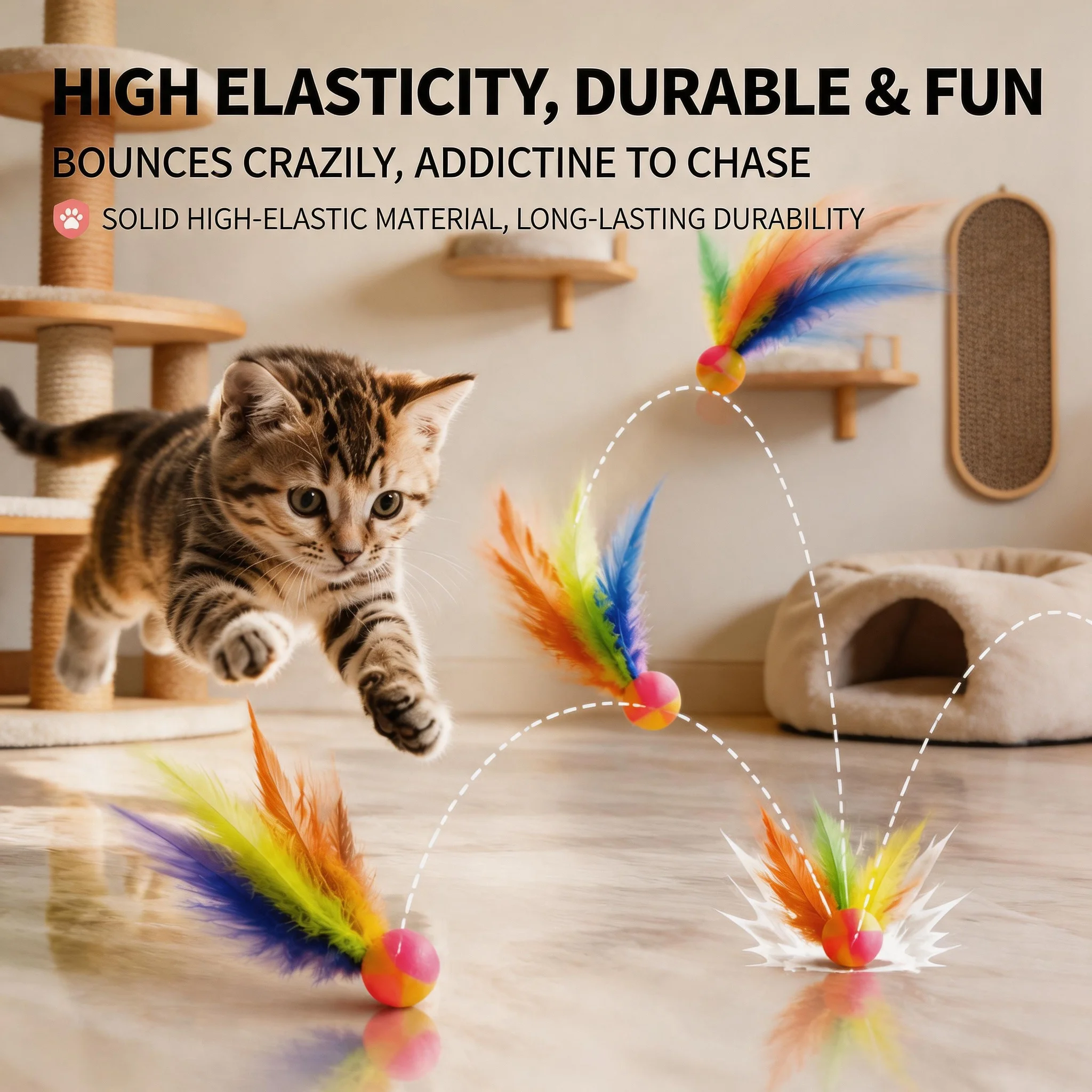 1/2PCS Colorful Feather Ball Cat Toy, Interactive Chase Kick Exercise Toy for Indoor Cats, Random Colors