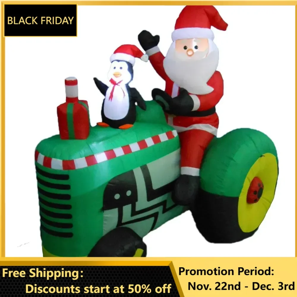 Christmas Inflatable Santa Claus Drive Tractor with Penguin LED Lights Outdoor Indoor Holiday Decorations Inflatables Home Decor