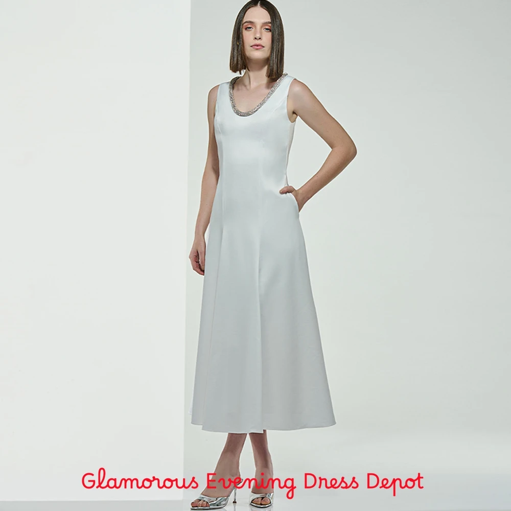 فستان سهرة رشيق من الساتان، فساتين مناسبة خاصة كريستالية رائعة، فساتين كلاسيكية بدون أكمام مخصصة لحفلات العودة للوطن