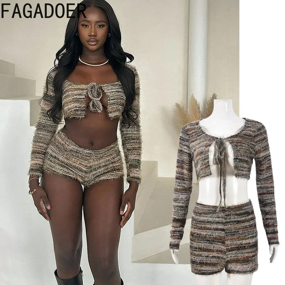 

FAGADOER Stripe Knit 2 Piece Sets Women Outfit Women Square Neck Lace Up Crop Top And Shorts Suits Hot Girl Streetwear New