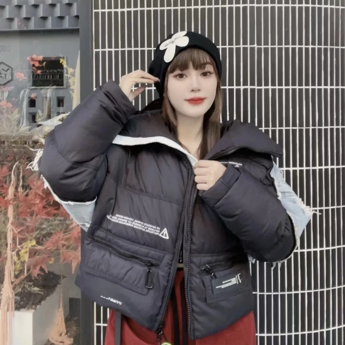 Women's Winter New Arrivals Denim Patchwork Down Jacket Short Coat Hooded Contrasting Colours Patchwork Unique Down Jacket Women