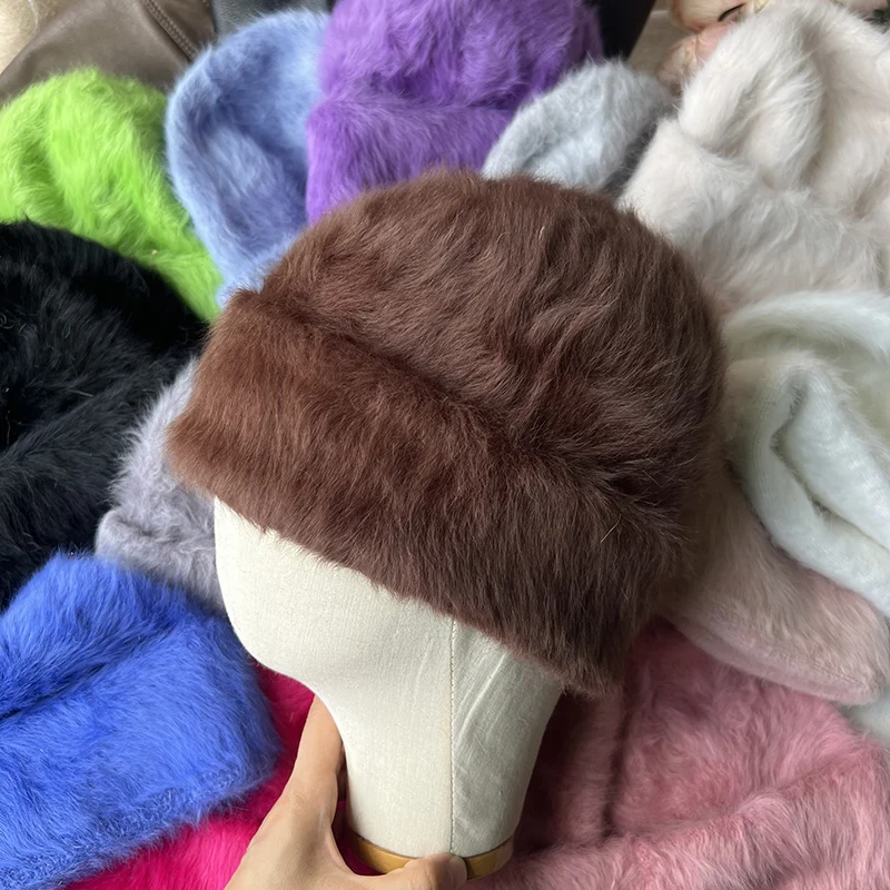 2023 neue Mode Kaninchen Fell Y2k Mützen für Frauen Weiche Warme Flauschigen Angola Winter Hut Weibliche Winddicht Motorhaube Hut Skullies Kappe – Detail 22