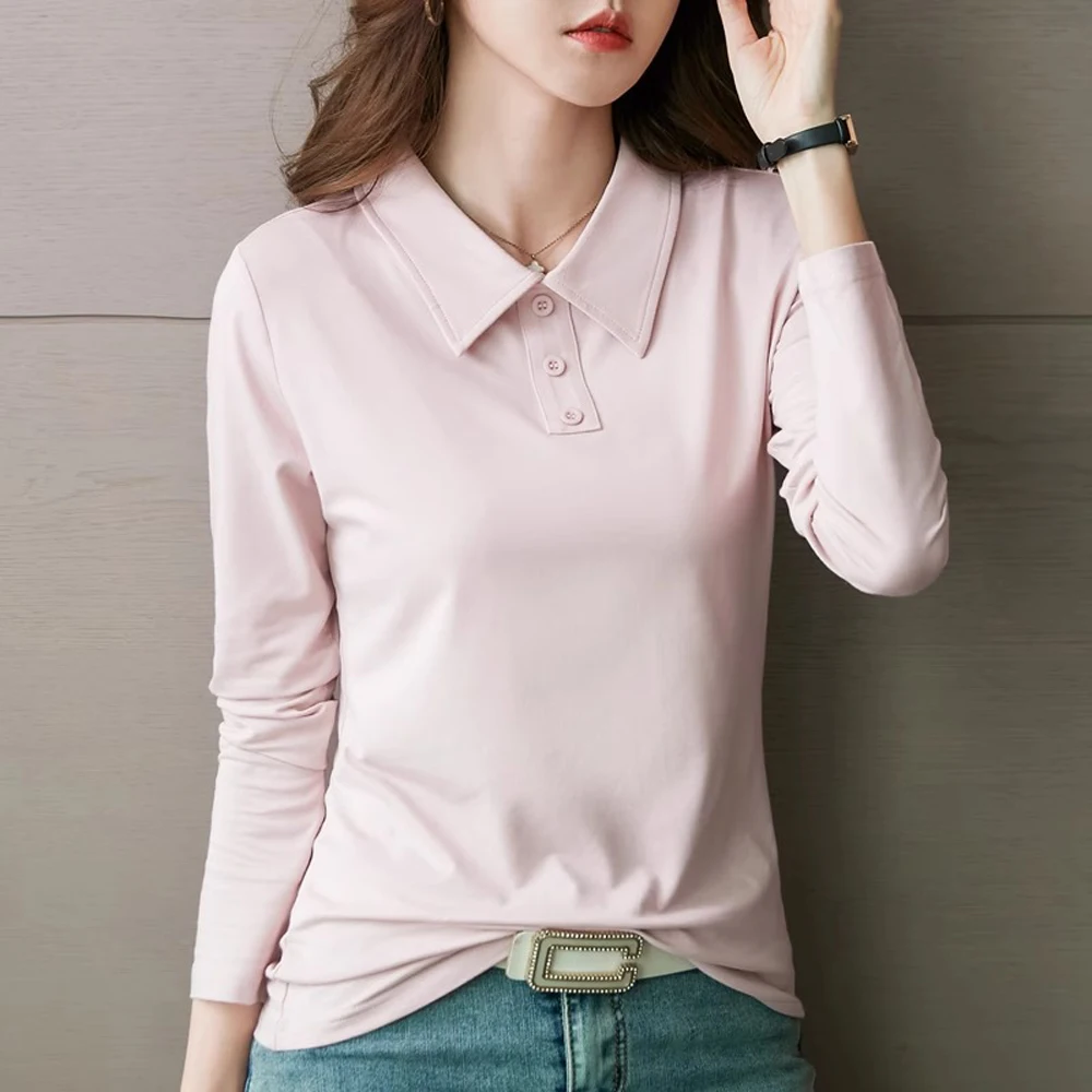 

Корейская версия, женская футболка из чистого хлопка с длинными рукавами, осенняя новая модная стильная повседневная рубашка-поло больших размеров с лацканами