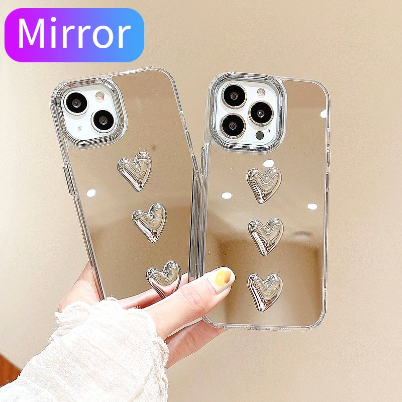 Luxuly Korean Style Cute Heart Soft Silicone Clear Phone Case For IPhone 15 13 Pro Max 14 11 12 XR Silvery Mirror Protect Cover