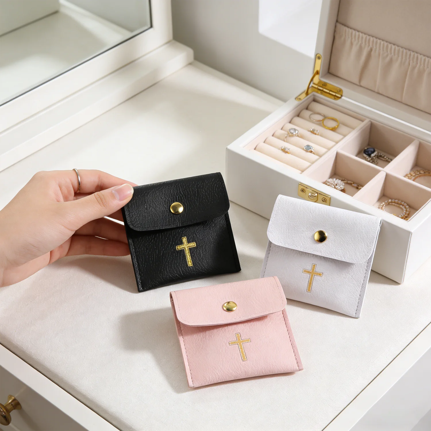 1/10Pcs Rosary Pouch with Gold Cross Imprint Design Beautiful Leather Case, Leather Jewelry Travel Bag Leather Jewelry Pouch