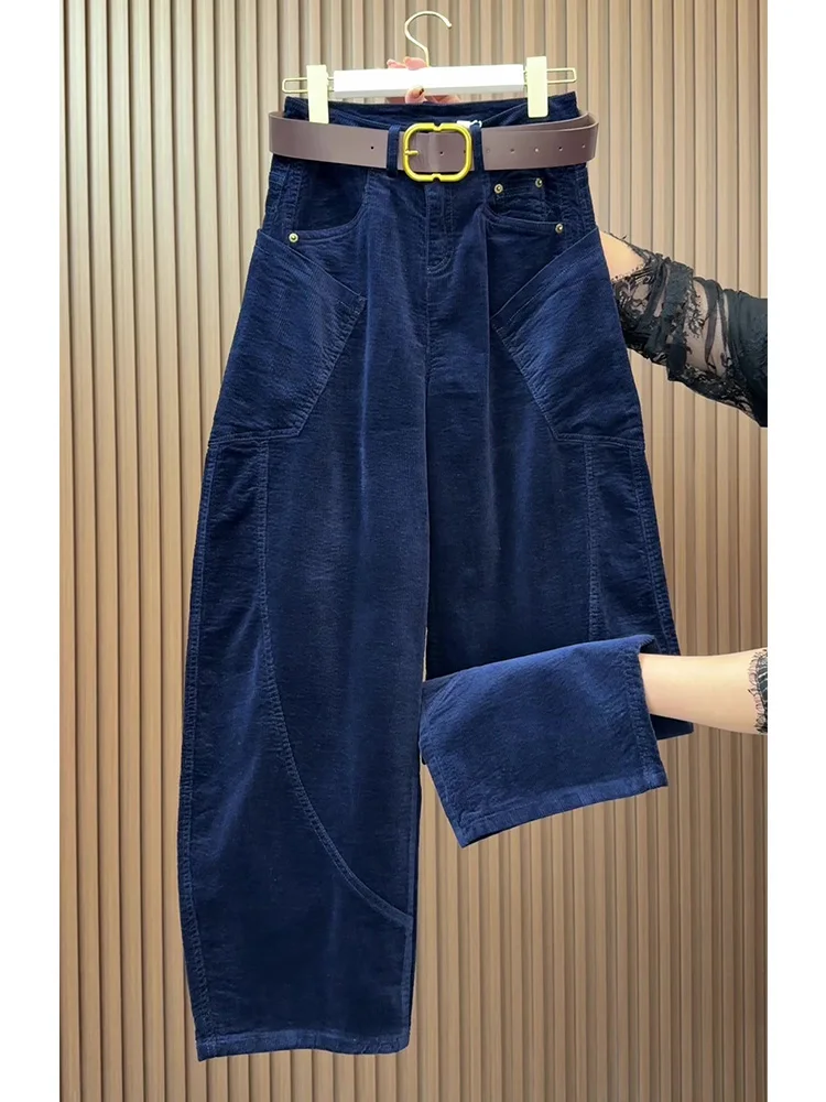 Women's solid harlen pants loose curved knife design fashionable casual autumn new versatile woolen wide leg floor pants