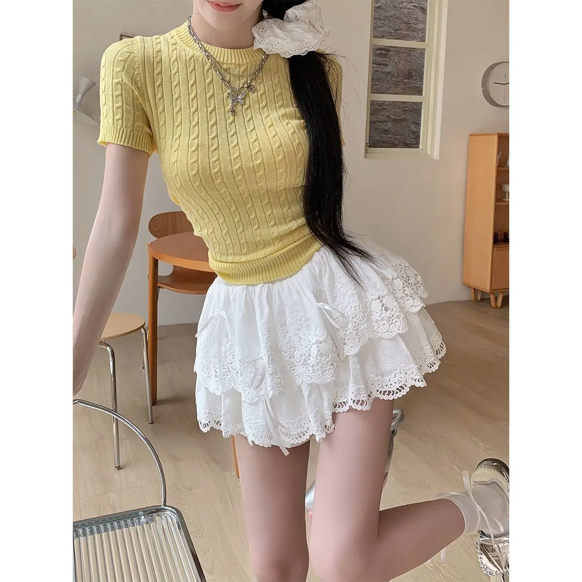 

White A-Line Skirt Women's Ballet Style Puffy Lace Hem Cake Skirt Summer Elegance High Waist Knot Skirt