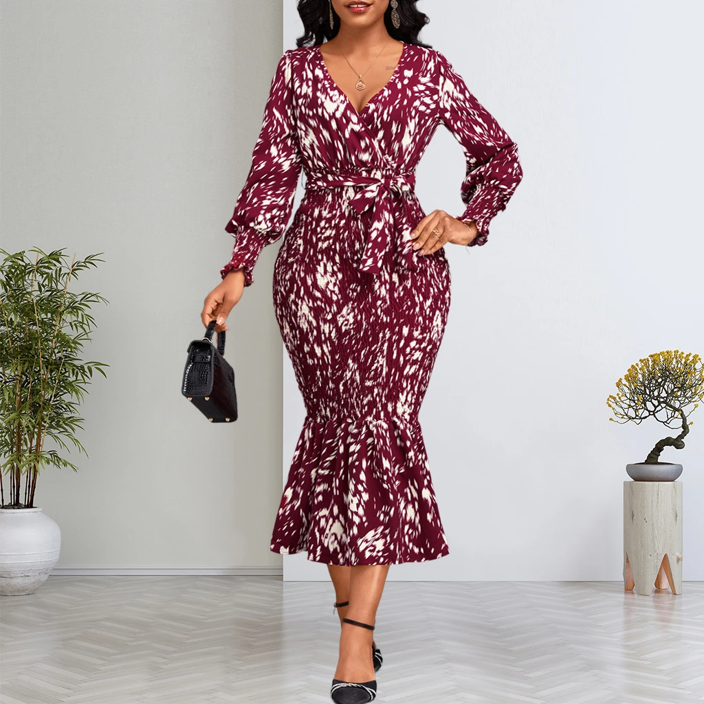 2024 Autumn Dresses for WomenFashionable Printed Lantern Sleeve Ruffled V-neck Dress Vestidos De Mujer Casual Elegant Midi Robe