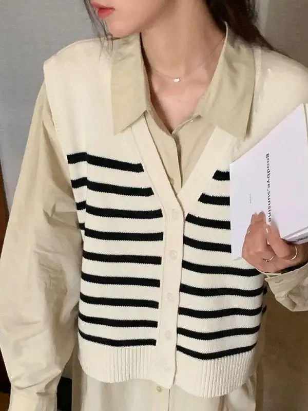 Black White Striped Sleeveless Knitted Vest Outerwear Women's Spring Autumn Open Cardigan Sweater V-neck Regular Fit Antibact...