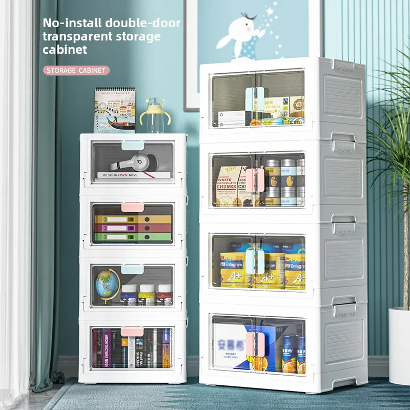 二重扉付きスタッカブルプラスチック収納ボックス-透明-大型-おもちゃ-本-寮-衣類整理ボックス-家庭用収納ソリューション