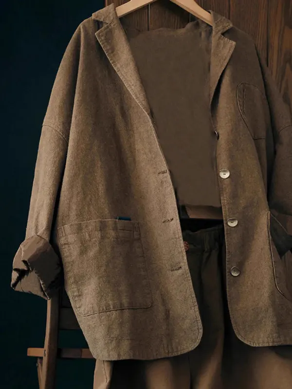 

Retro Casual Long Sve Loose Old Sle Loom Fabric 3D Tailoring Women's Outerwear Jaet Original Design Loose Fit Pure Linen