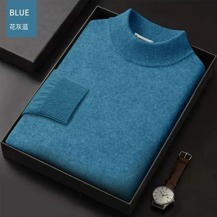 New 2025 Men's Mock Collar 100% Pure Woolen Sweater Tops Autumn Winter Cashmere Sweater Men Pullover Knitted Warm Sweater Male