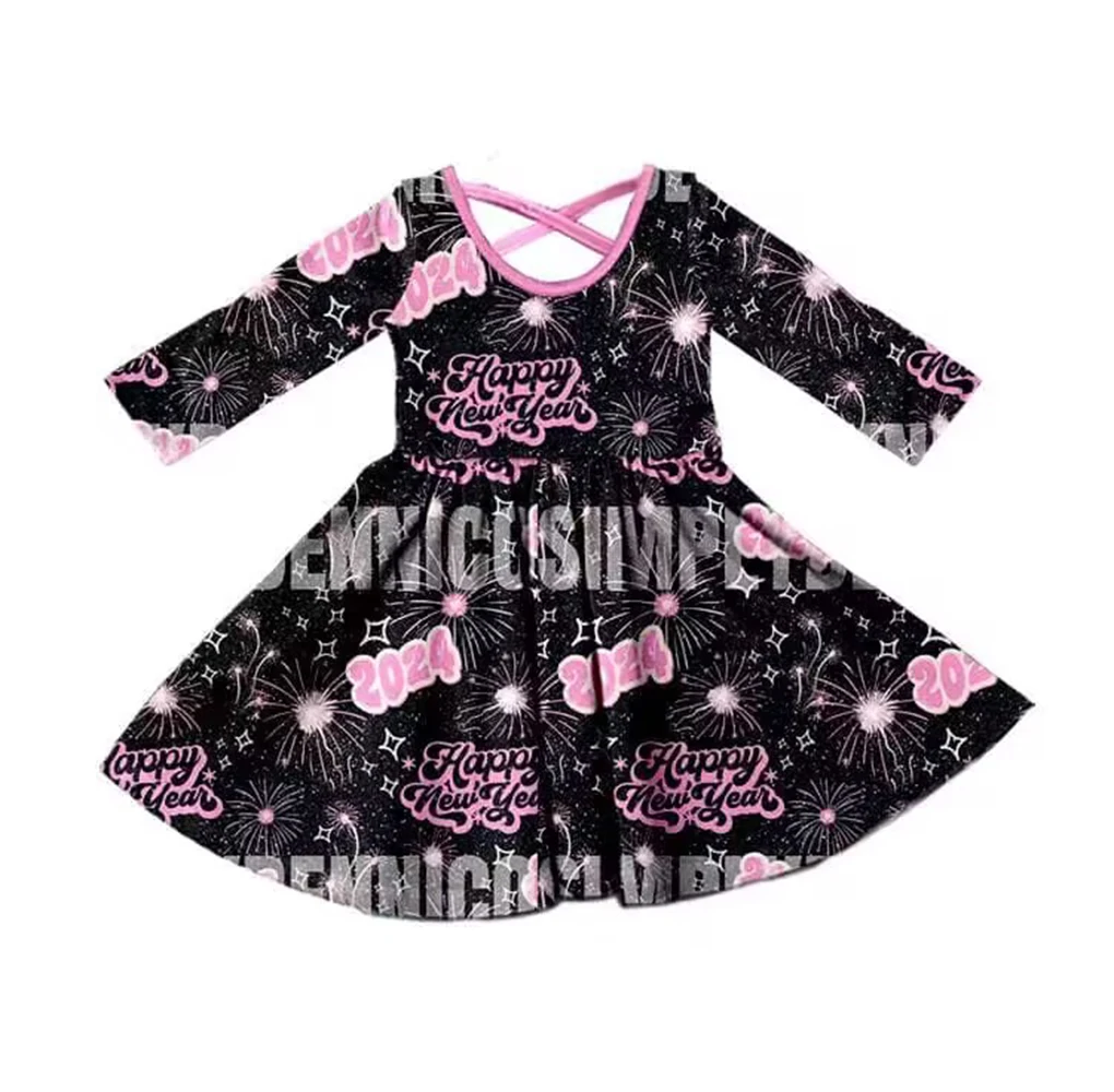 

Toddler boutique New Year clothing Happy New Year dress pink black fireworks round neck long sleeve baby girl New Year clothing