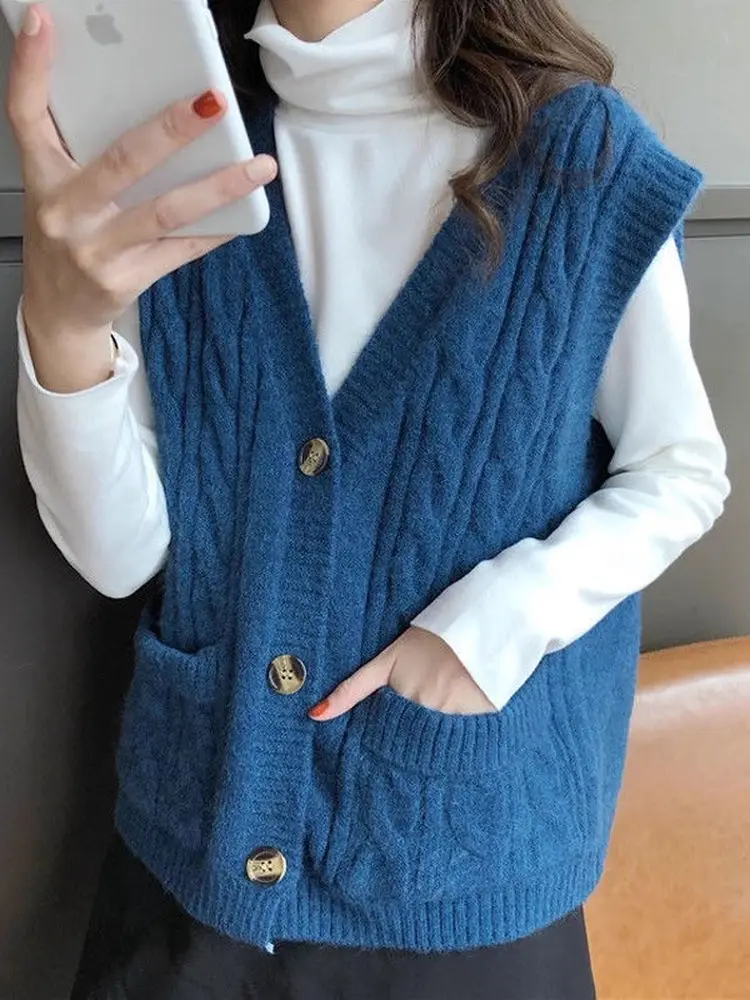 

Осень-зима женский вязаный жилет повседневная верхняя одежда с открытым кардиганом свободного покроя Fem верхняя куртка с v-образным вырезом на пуговицах