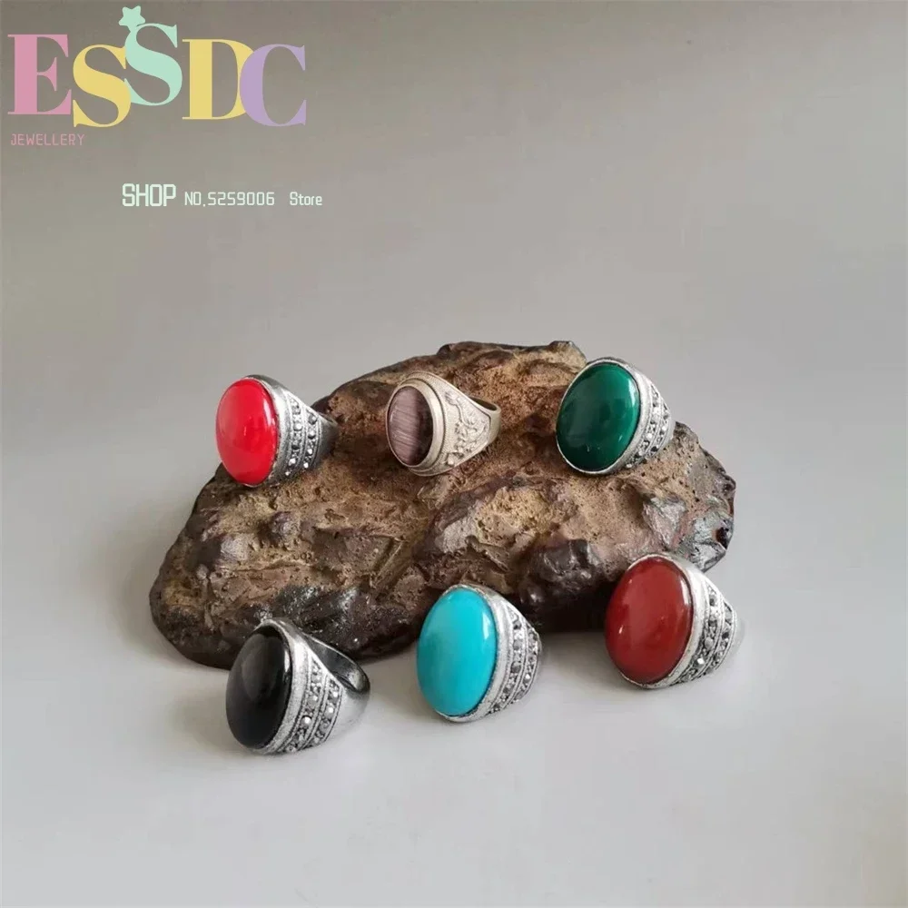Rare Domineering Egg Shaped Ring Silver Inlaid Large Gemstone Vintage Agate Purple Cat Eye Male Female Reliefs Fine Jewellery
