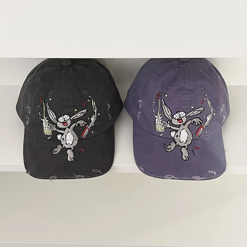 

High quality rabbit embroidery washed cotton hole design baseball cap for men and women Korean street trend sunshade sports hat