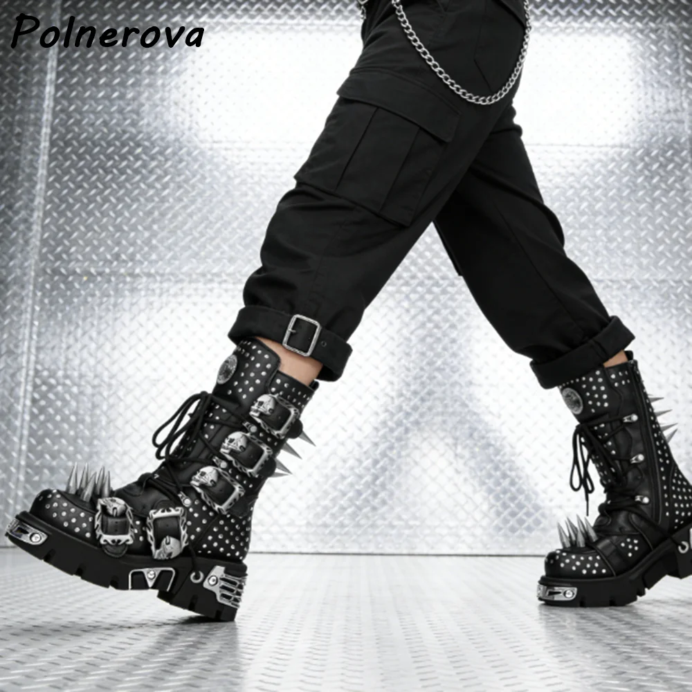 Rivet Buckle Belt Tank Boots Thick Soled Cross Tied Lace Up Leather Round Toe Thick Soled Shoes Women's Fashion Winter Boots