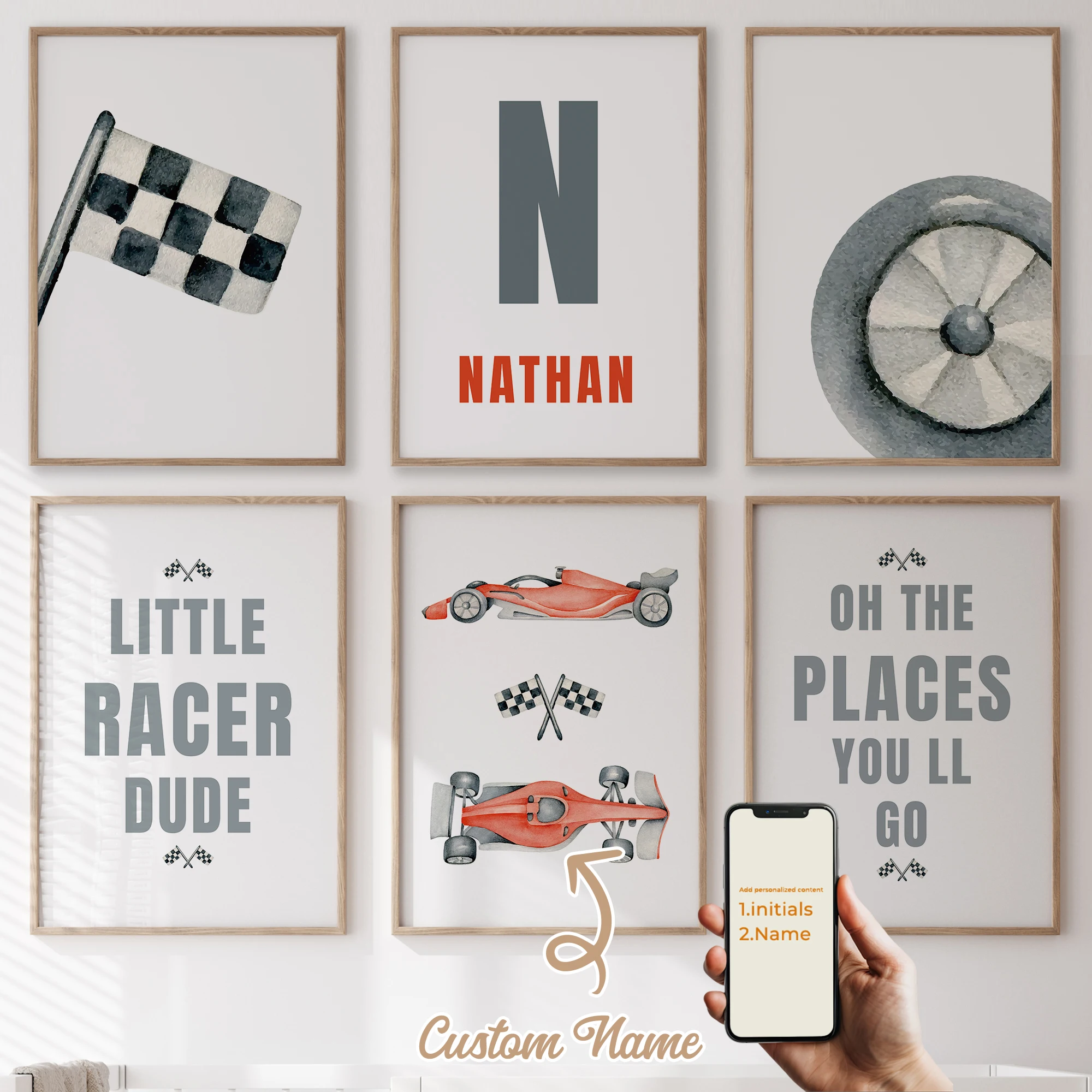 

3Pcs/6pcs Personalized Custom Name Cute Cartoon Racing Car Wall Art Print Picture For Living Room Kids Boy Room Home Decor Gift