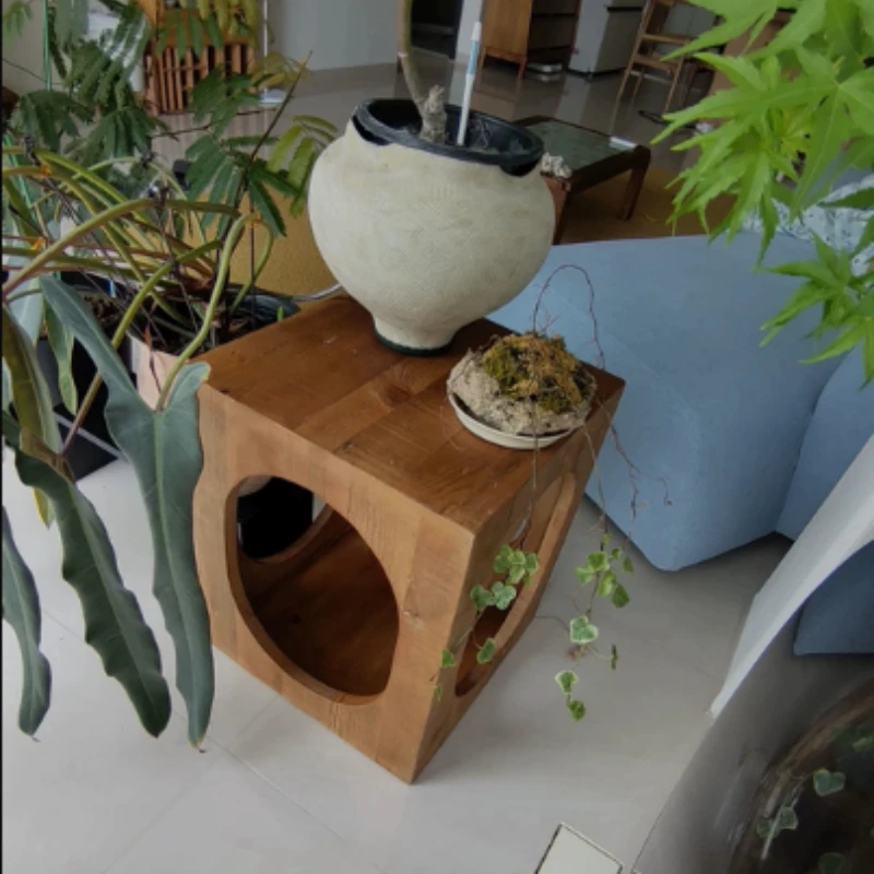 Vintage American Side Tables Do Old Wooden Coffee End Tables for Living Room Lounge Cafe Decor Log Wood Hollow-out Tea Table