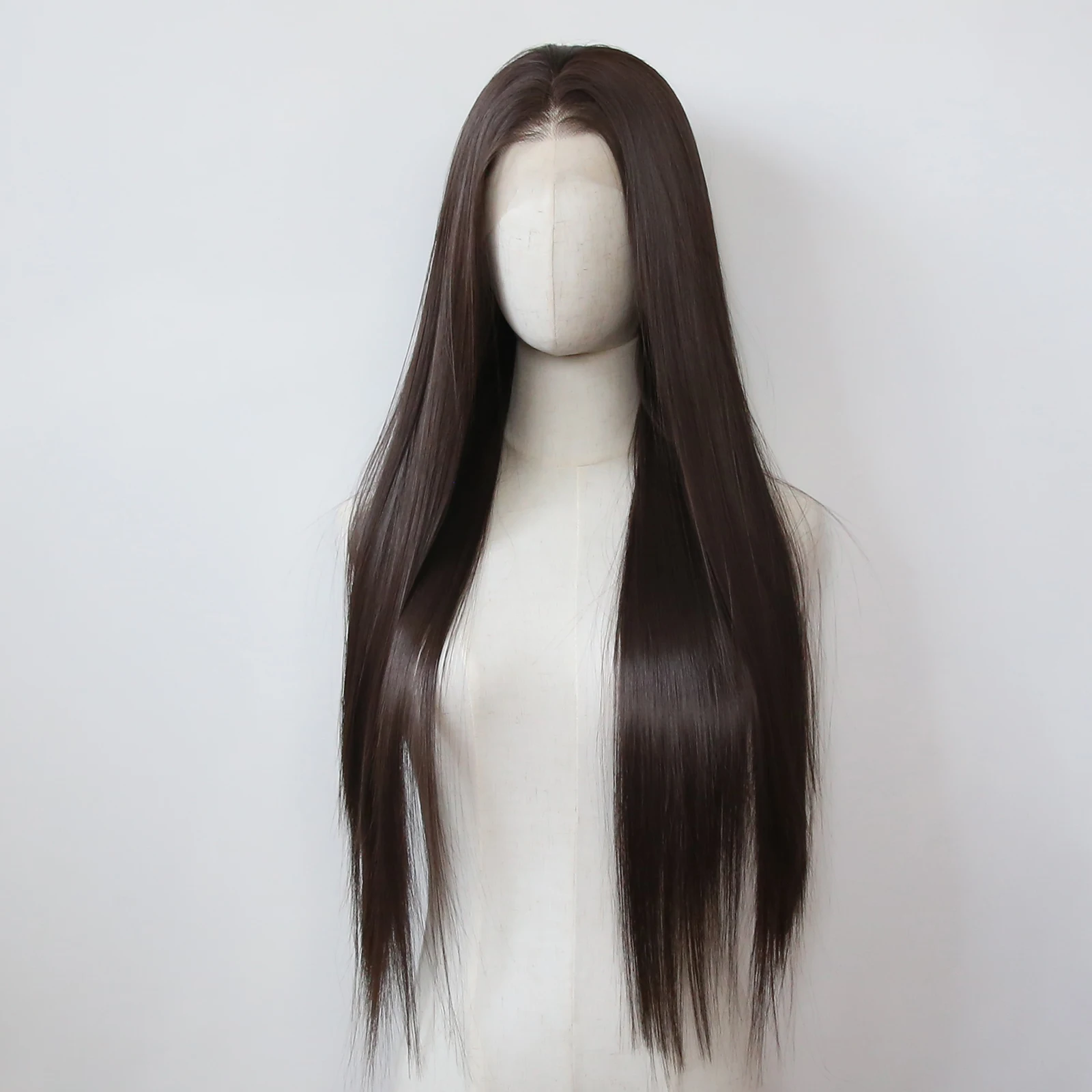 Perruque Lace Front Wig Synthétique Longue et Lisse Brun Foncé, Chocolat, Pre-Plucked, Naissance des Cheveux Naturelle