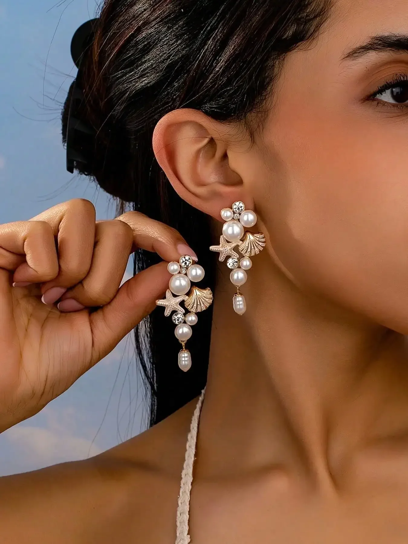 

1 Pair Bohemian Style Elegant Fashion Faux Pearl Starfish Shell Dangle Earrings, Suitable For Women In Spring/Summe