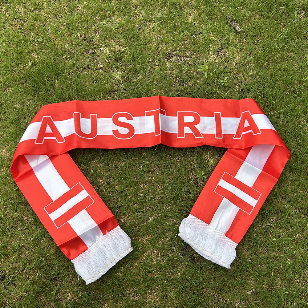 Austria Scarf 14x135cm Double-sided Printed Satin Austria Flag Scarf Tassels Suitable for 2026 Football Cup, Sports, Events