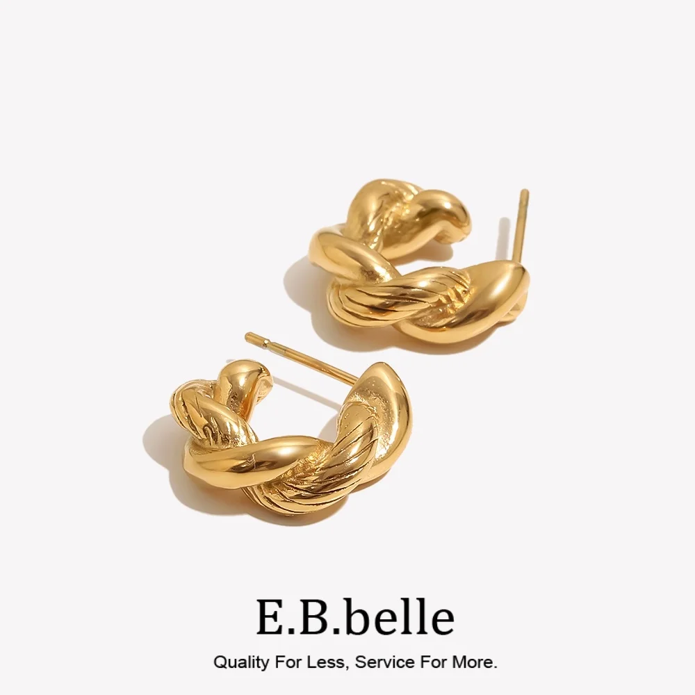 E.B.belle Hypoallergenic 18K Gold Plated Twisted Chunky Round Hoop Earrings For Woman Pendientes De Acero Inoxidable Para Mujer