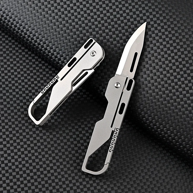 High Hardness D2 Blade Titanium Alloy Folding Knife With Key Chain Pendant Pocket Paring Knife EDC Express Sharp Outdoor Tool Gi