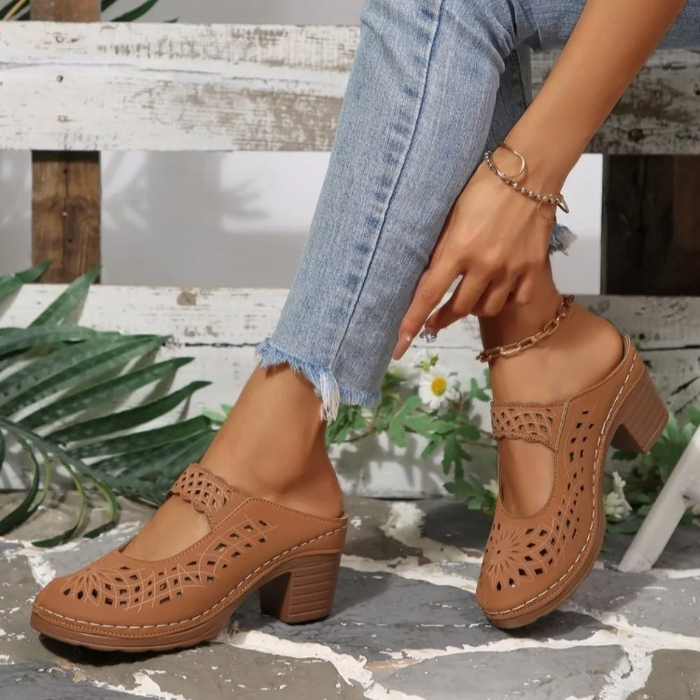 Summer Women Chunky Heel Slippers  New Fashion Hollow Out Closed Toe Slip on Sandals Female Comfort High Heel Casual Shoes